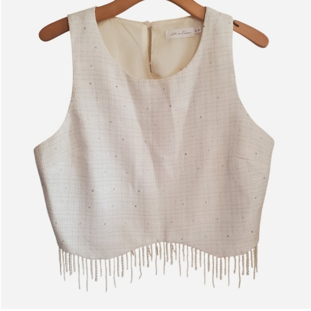 Nordstrom All in Favor Tweed Pearl Fringe Crop Top Size XL Coquette Formal Bride - Picture 2 of 10